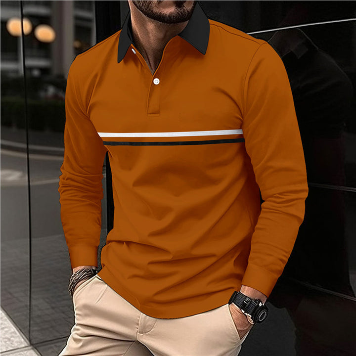 Men's Long Sleeve Polo Shirt with Modern Stripe Pattern Lisslune