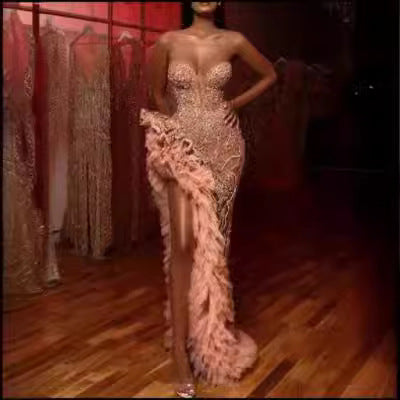 Women Figure-hugging Evening Dress with Shimmering Pearls and Ruffle Details