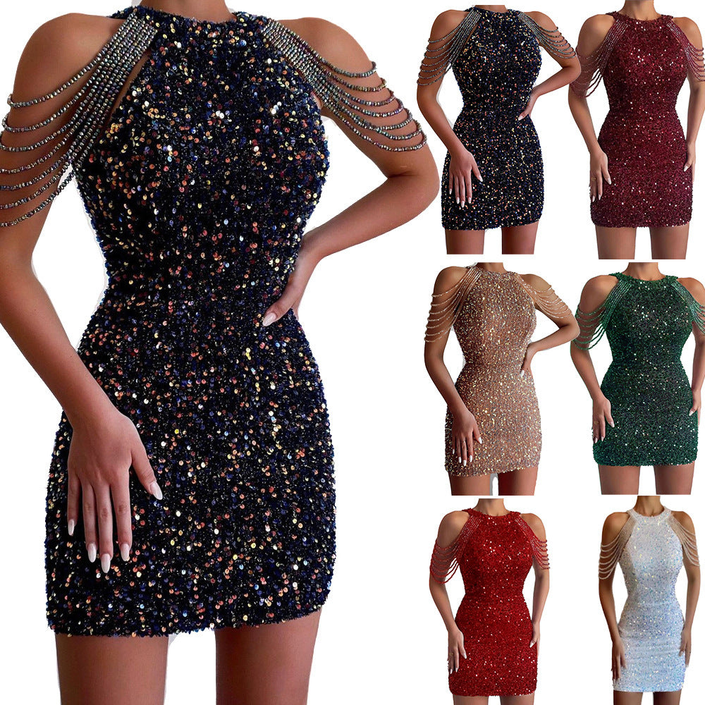 Women's mini dress with shiny sequin embellishment and elegant chain sleeves Lisslune
