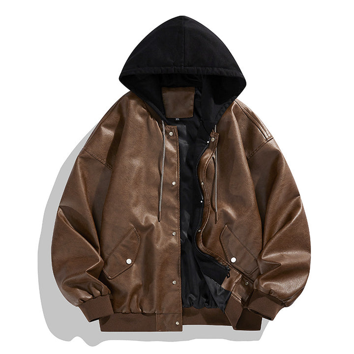Men's Casual Synthetic Leather Jacket with Hood and Elastic Cuffs Lisslune