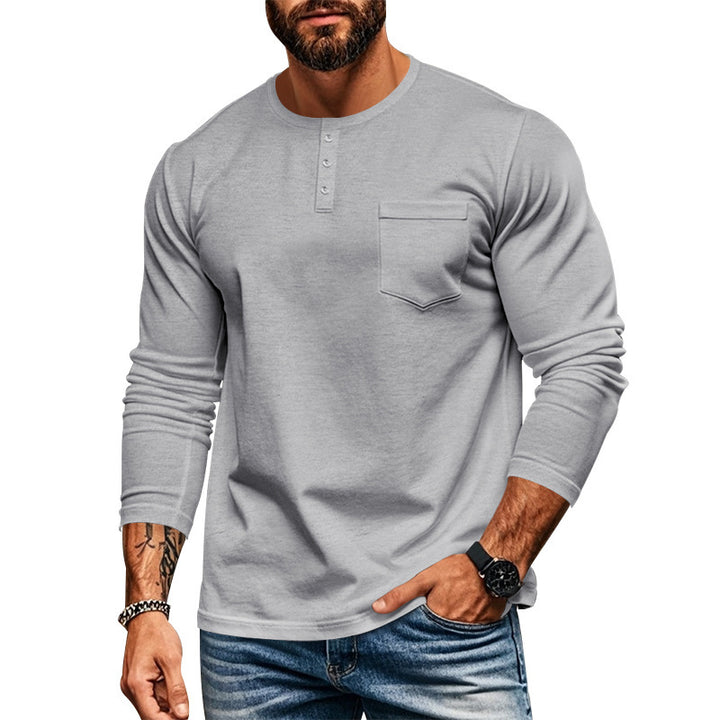 Men's long-sleeved Henley shirt with textured cotton surface and chest pocket Lisslune