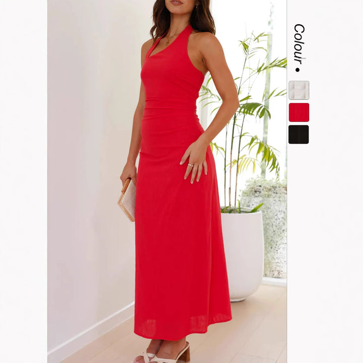 Women's Elegant Maxi Dress with Halter Neck and Figure-Hugging Cut Lune London