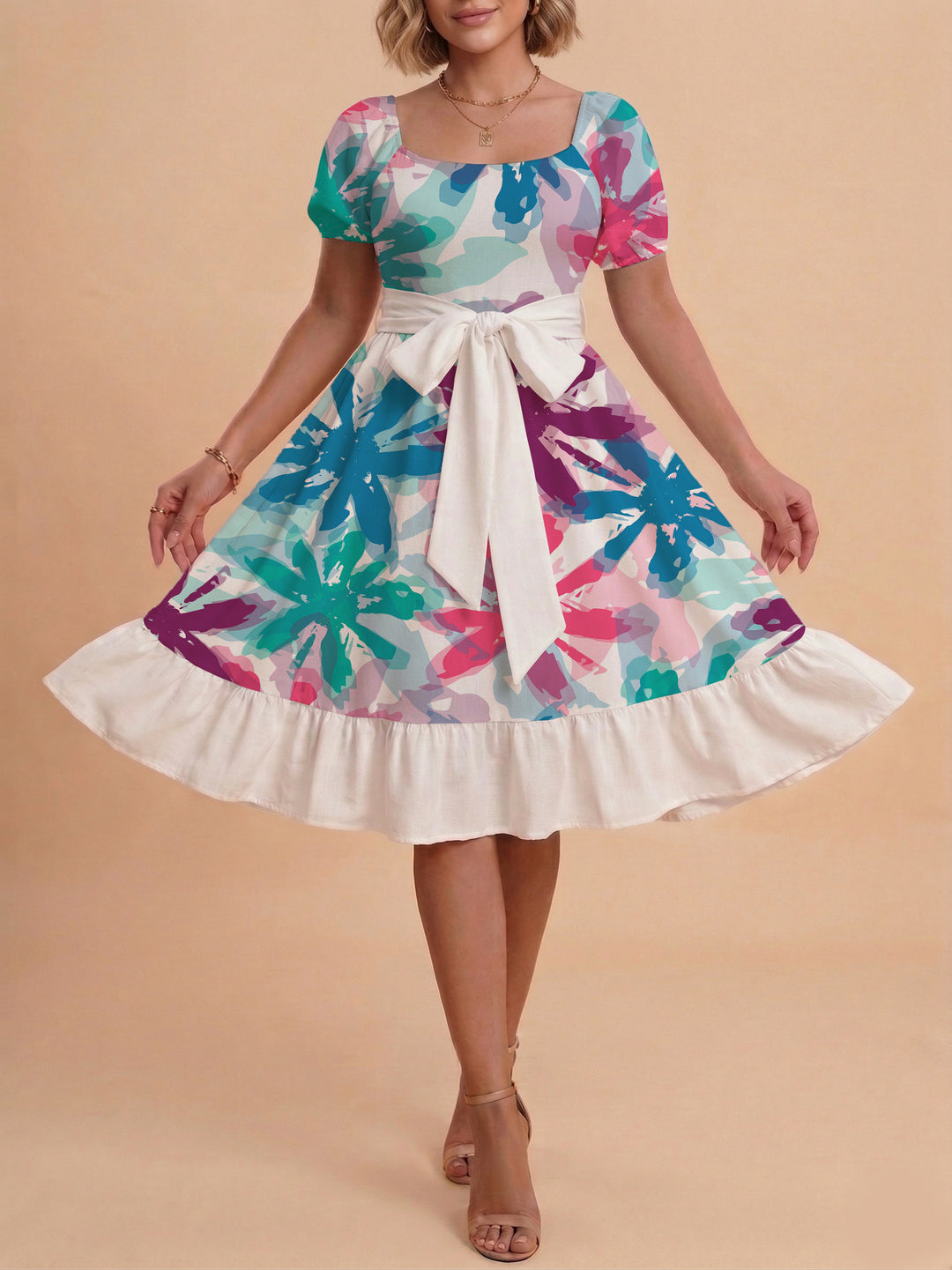 Women's floral dress with adjustable belt and voluminous sleeves Lisslune