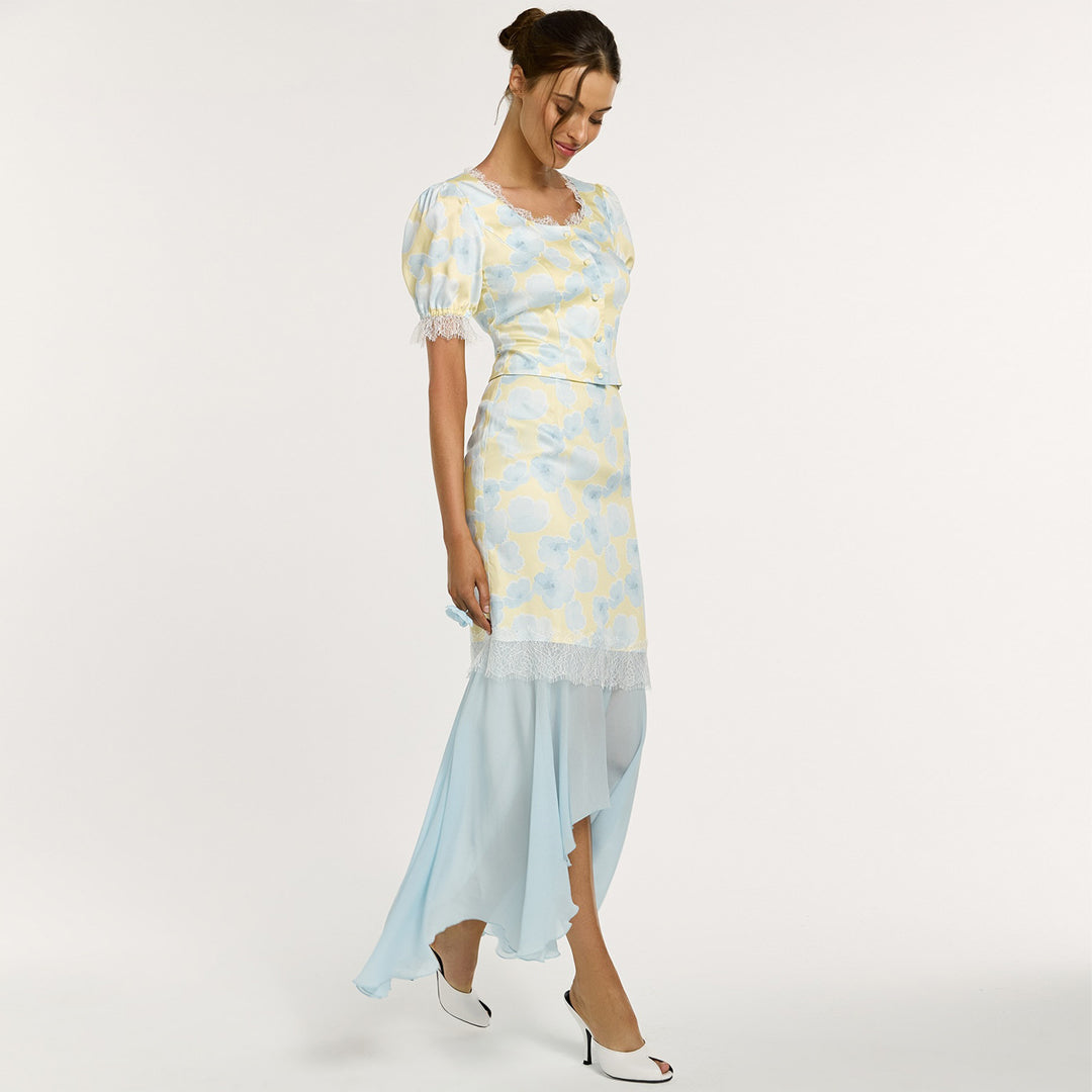 Women's elegant dress with asymmetrical hem and floral pattern Lisslune