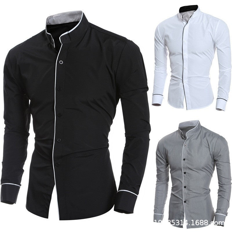 Men's Long-Sleeved Shirt with Modern Stand Collar and Contrasting Accents Lisslune