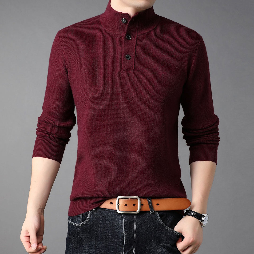 Men's Fine Knit Sweater with High Collar and Button Placket Lisslune