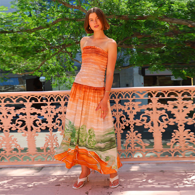 Women's maxi wrap dress with elastic top and flowing skirt