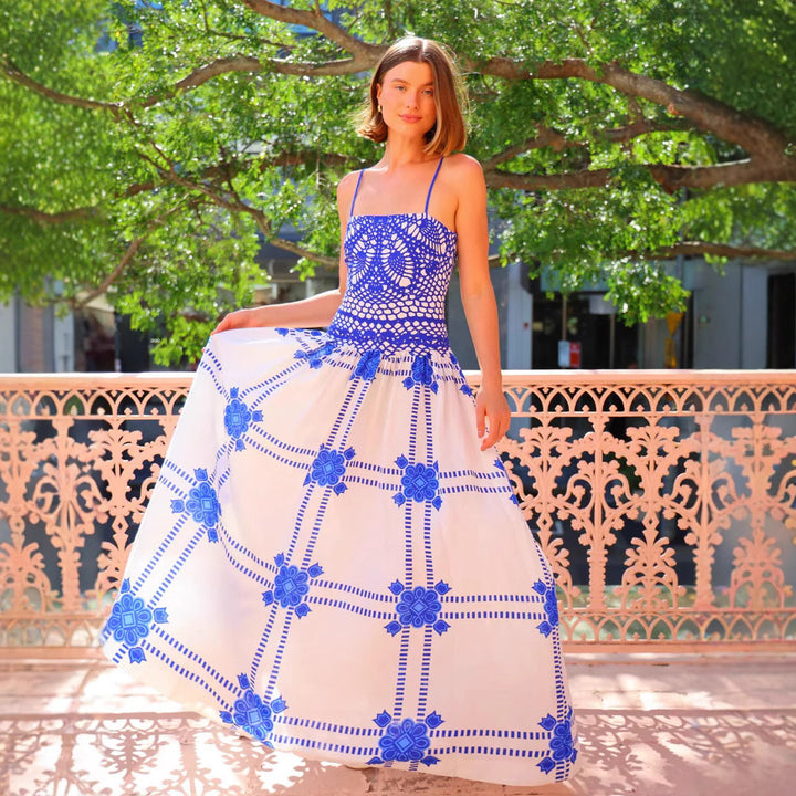 Women's maxi dress with innovative crochet top and flowing skirt Lune London