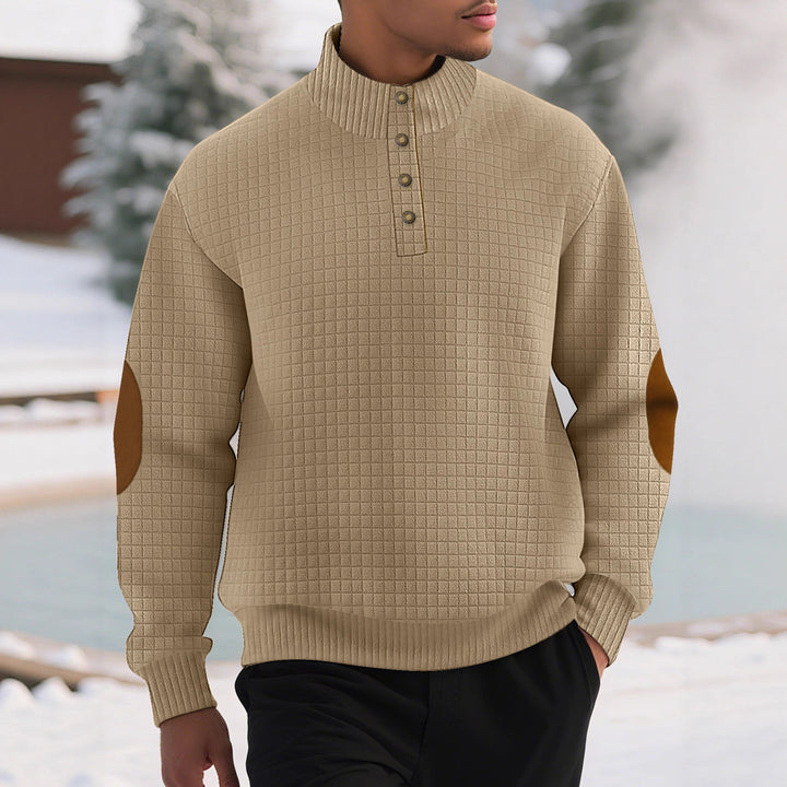 Men's fashionable stand-up collar sweater with textured design and leather applications Lisslune