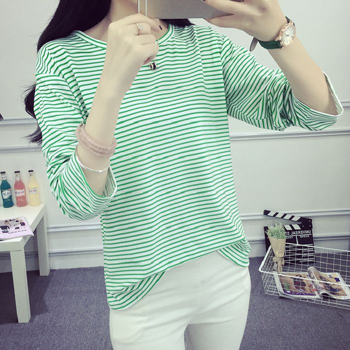 Women's striped long-sleeve shirt with soft textured fabric and casual fit
