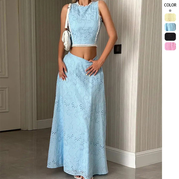 Women's maxi dress with delicate hole embroidery pattern and trendy crop top Lisslune