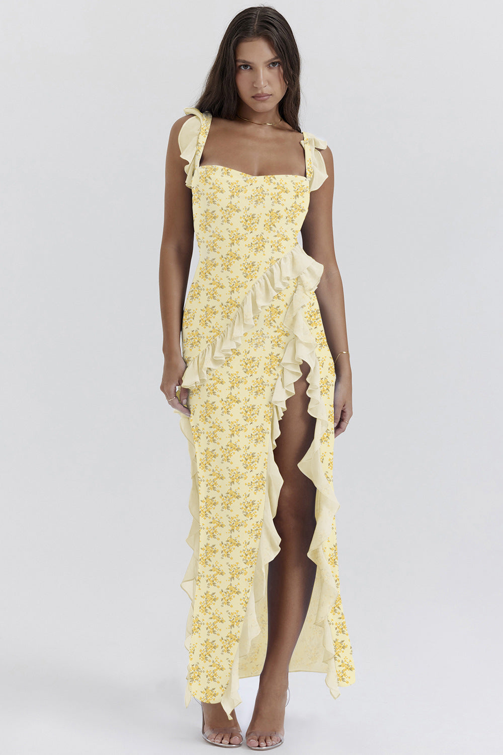 Women's Maxi Dress with Ruffle Details and Floral Design