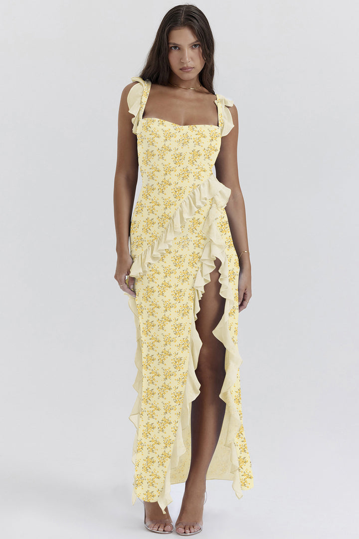 Women's Maxi Dress with Ruffle Details and Floral Design