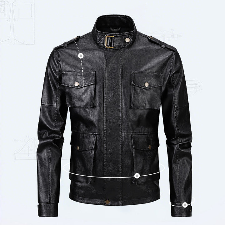 Men's synthetic leather jacket with practical pockets and modern stand-up collar Lisslune