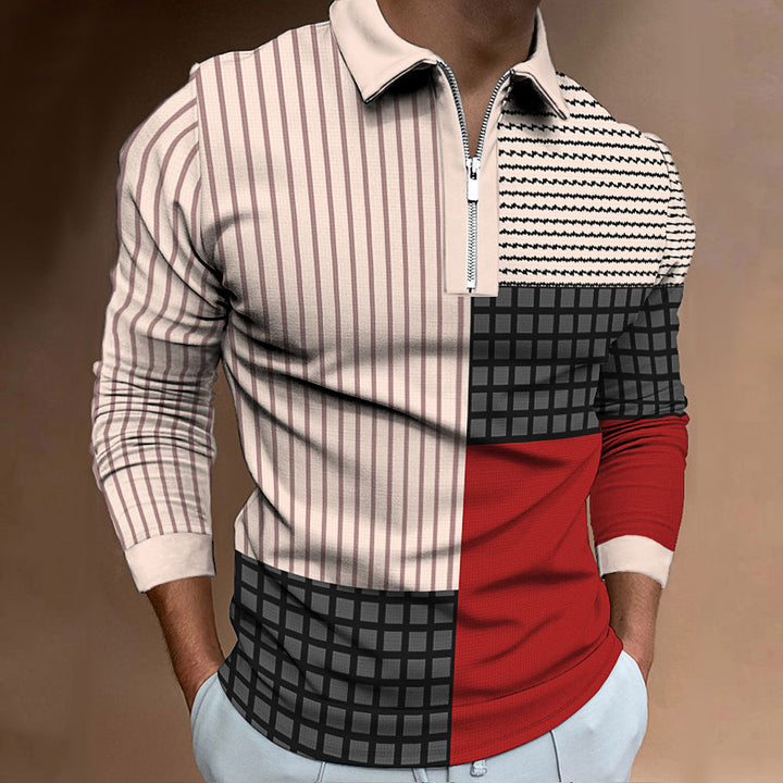 Men's Long Sleeve Polo Shirt with Modern Patchwork Design Lisslune