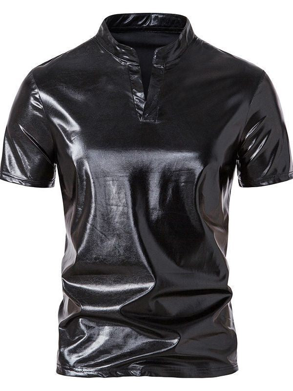 Men's shiny short-sleeve shirt in modern stand-up collar design Lisslune