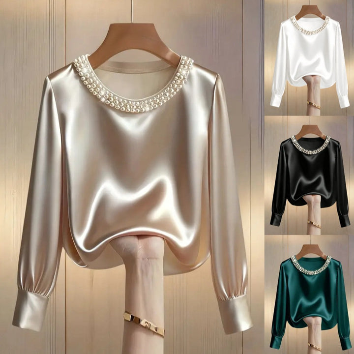 Damen elegante satinierte Bluse mit Perlenkragen Lisslune