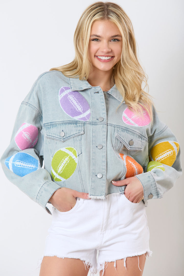 Women's cropped denim jacket with colorful football patches and casual cut Lisslune