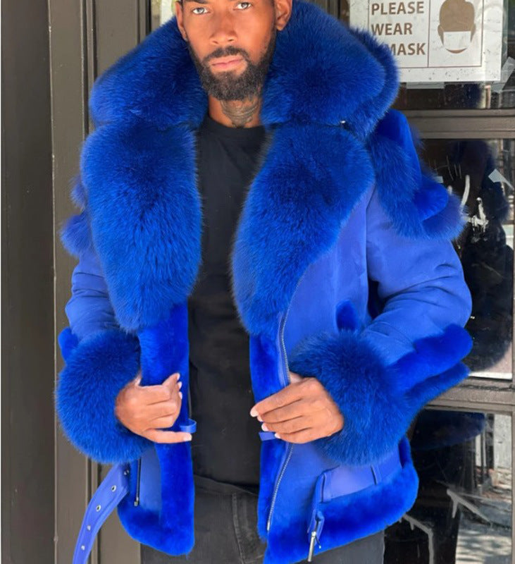 Men's fashionable and warm real fur jacket with generous collar and double button placket Lisslune