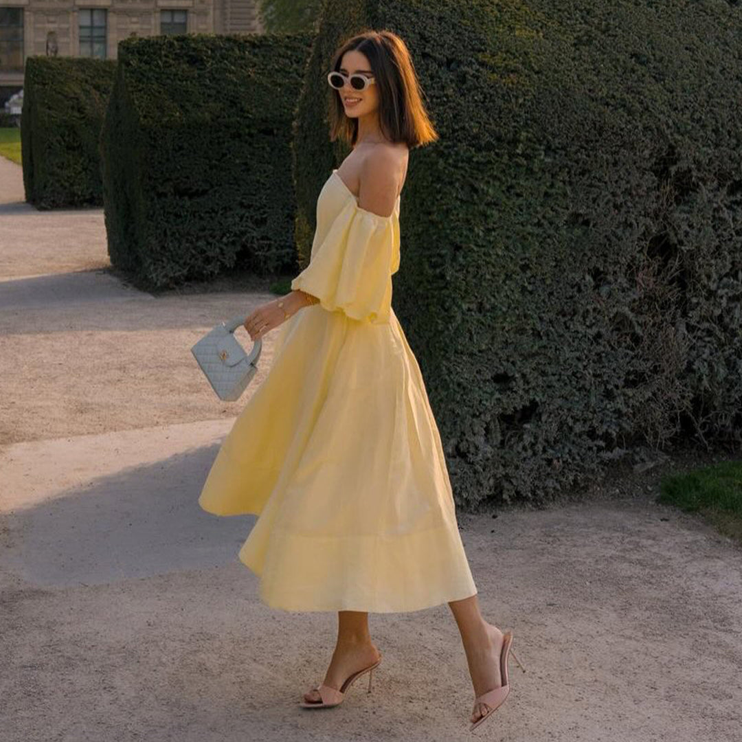 Ladies Off-Shoulder Maxi Dress with Voluminous Sleeves and Elegant Cut Lisslune