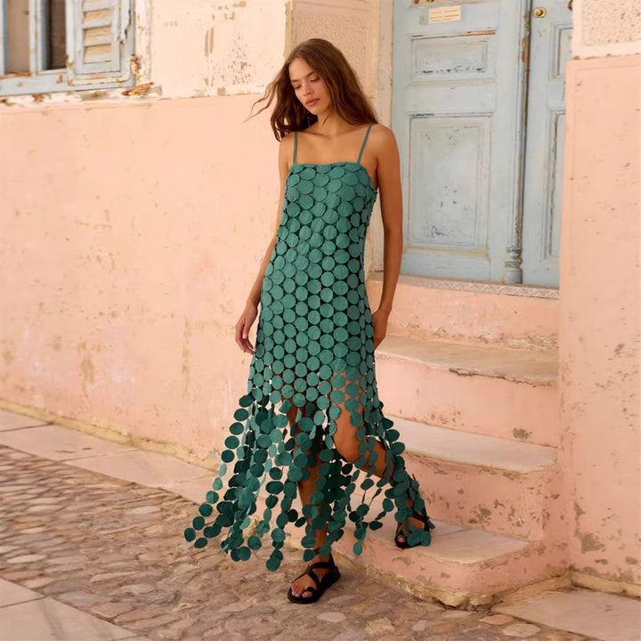 Women's maxi dress with decorative crochet applications and side slits Lisslune
