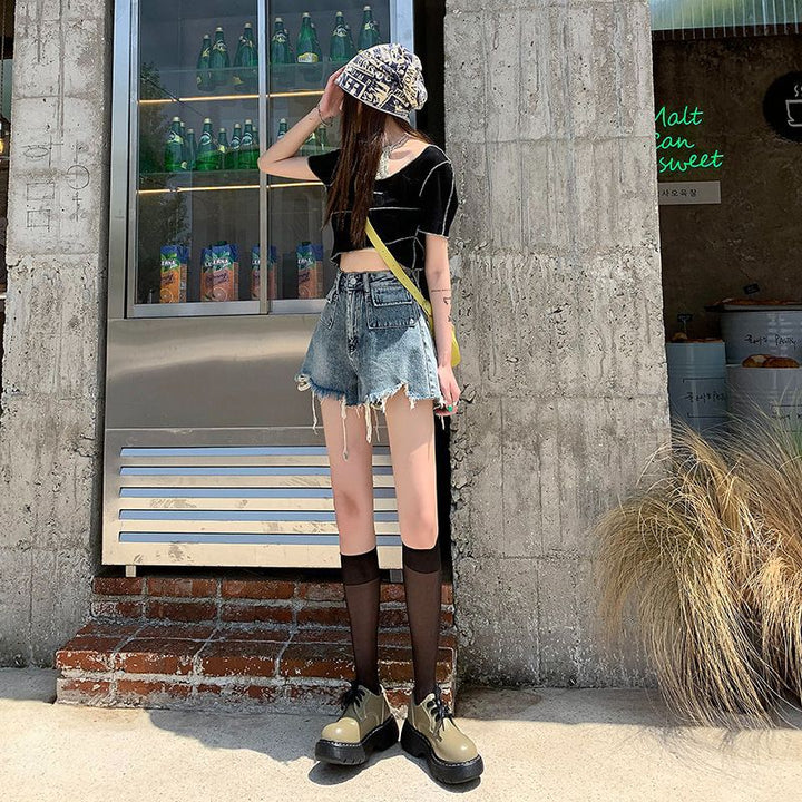 Women's denim shorts with frayed hems and unique embroidery detail Lisslune