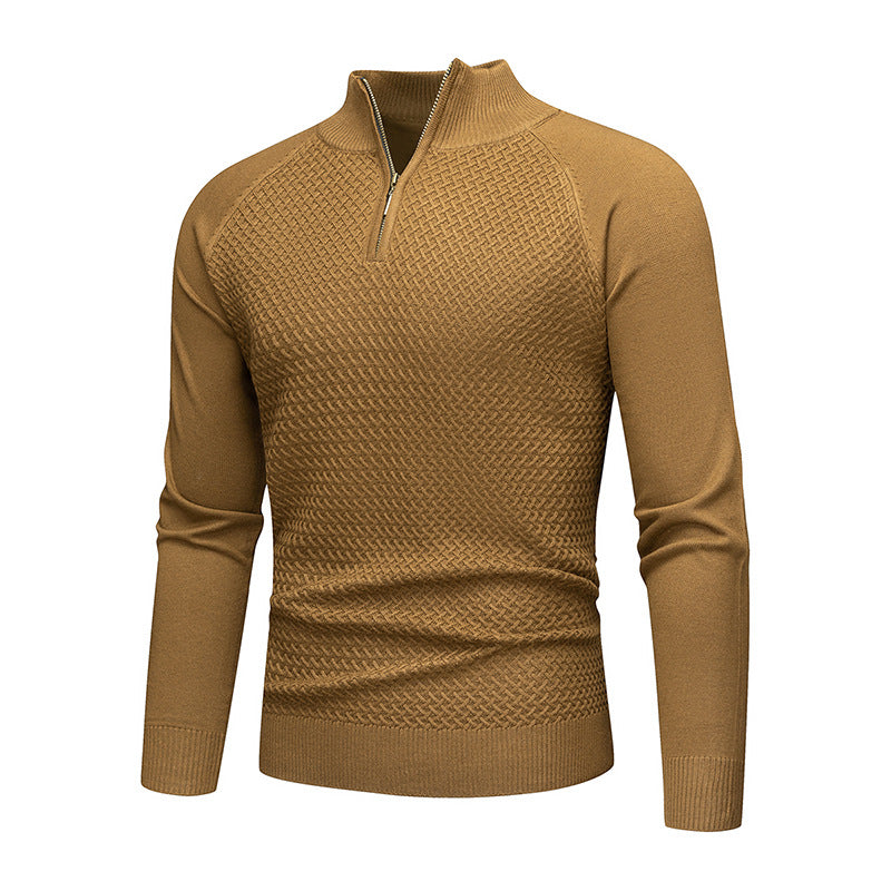 Men's Fine Knit Pullover with Textured Surface and Short Zipper Lisslune