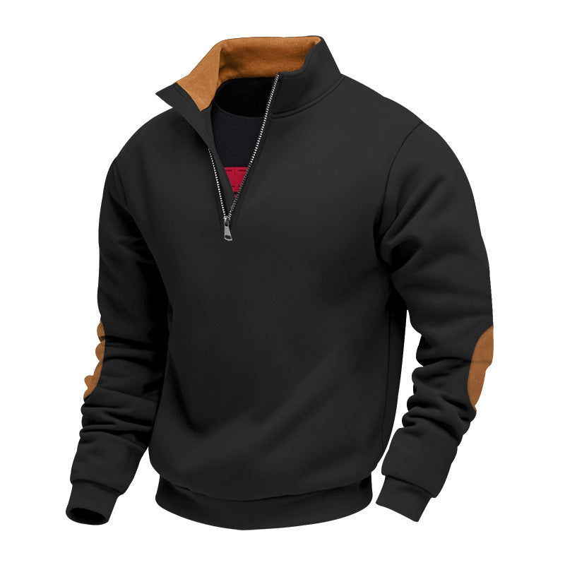 Men's Sporty Stand Collar Sweater with Zipper and Leather Accents Lisslune