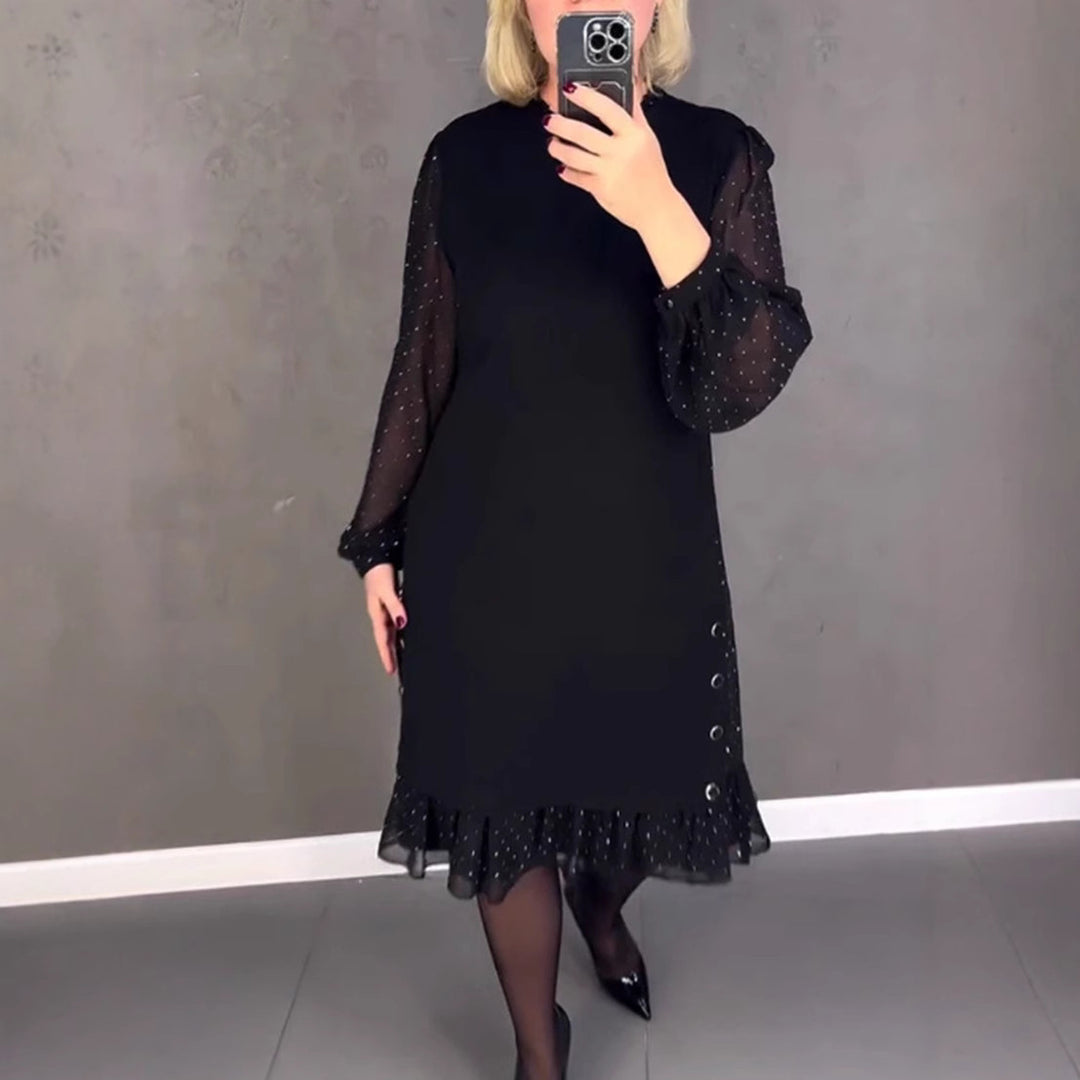 Ladies Elegant Dress with Voluminous Sleeves and Cut-Out Hem Lisslune