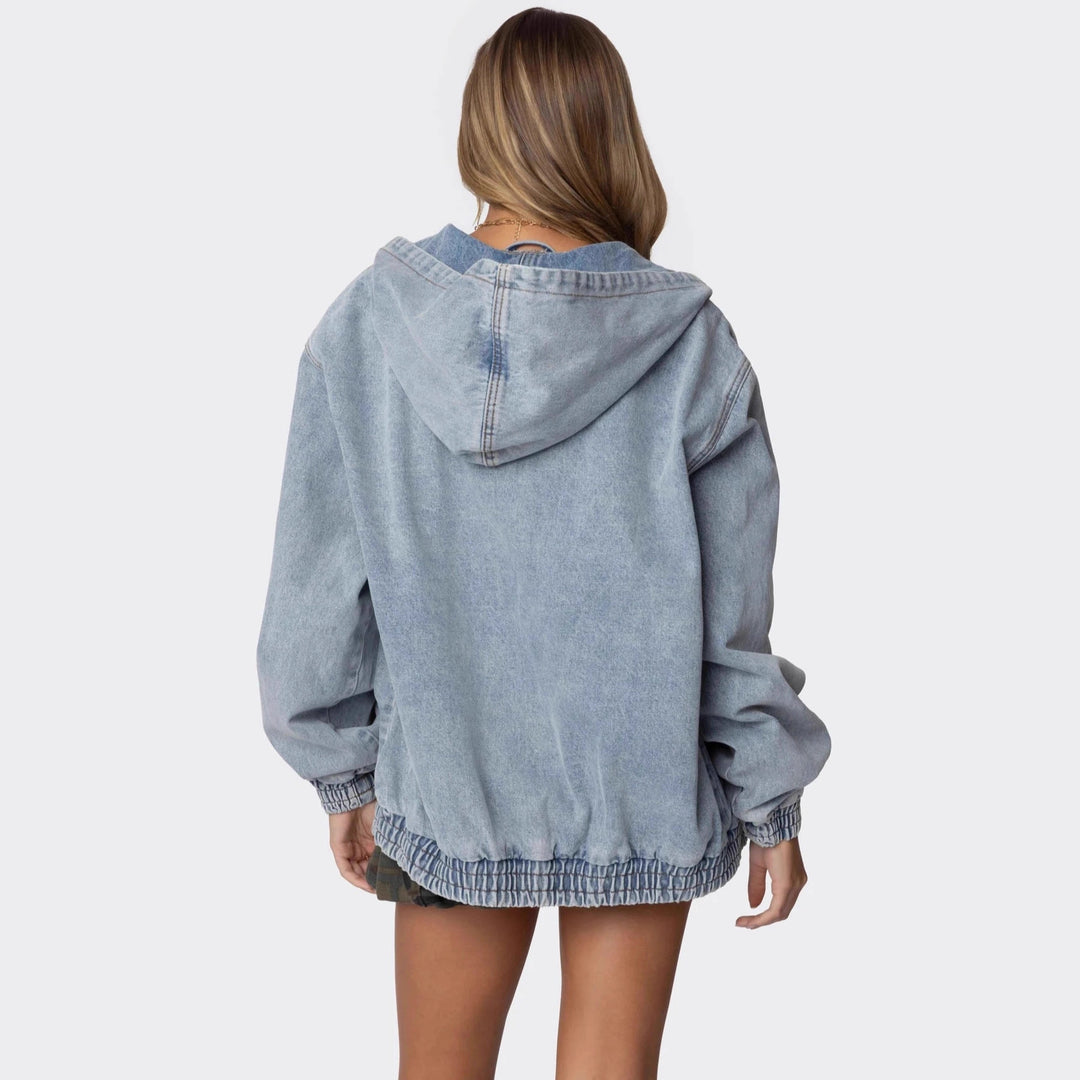 Damen Oversized Denimjacke mit Kapuze und elastischen Bündchen Lisslune