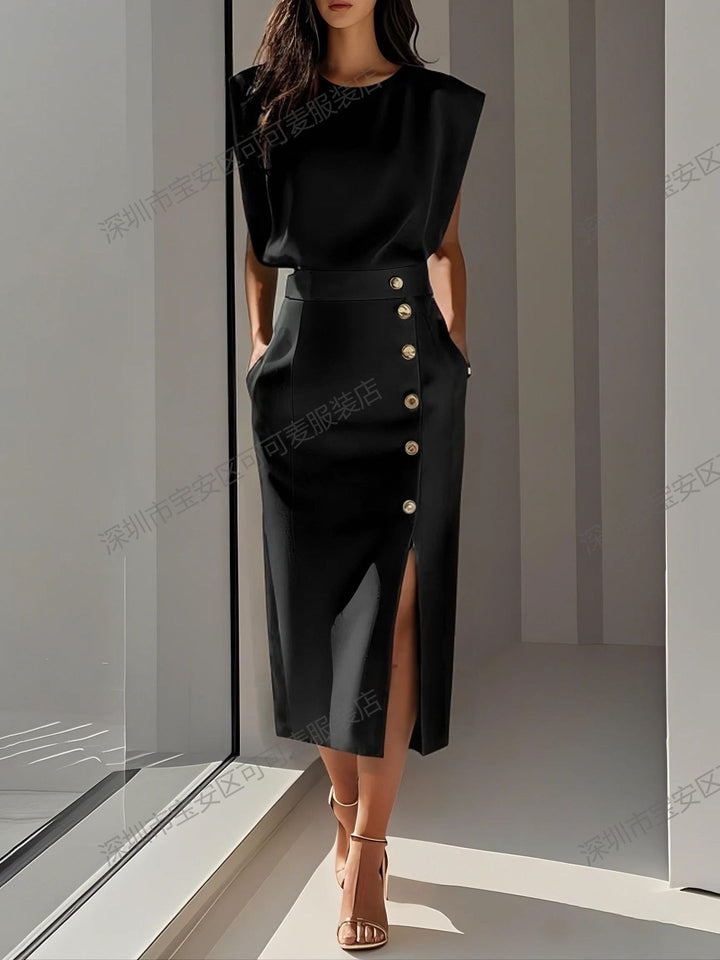 Women's Elegant Evening Dress with High Shoulders and Side Slit Lisslune