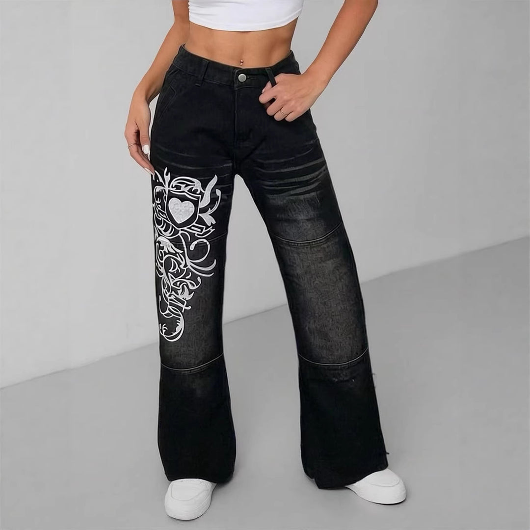 Damen weite Jeans mit kunstvollem Aufdruck Lisslune