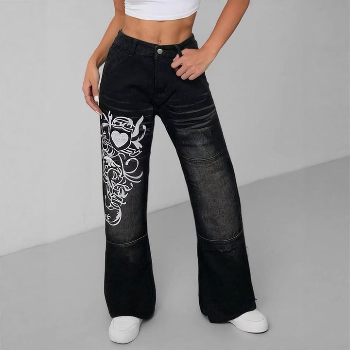 Damen weite Jeans mit kunstvollem Aufdruck Lisslune