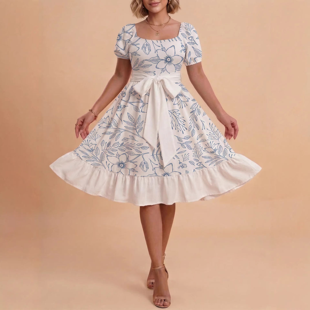 Women's Midi Dress with Elegant Floral Print and Fitted Belt Lisslune