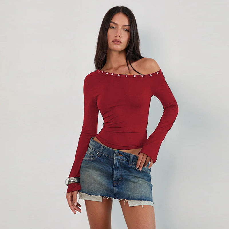 Women's Off-Shoulder Top with Fashionable Buttons and Figure-Hugging Cut