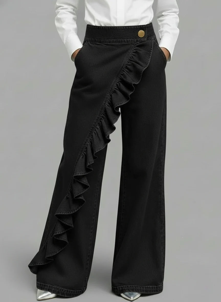 Women's Wide Jeans Pants with Ruffle Detail Lisslune