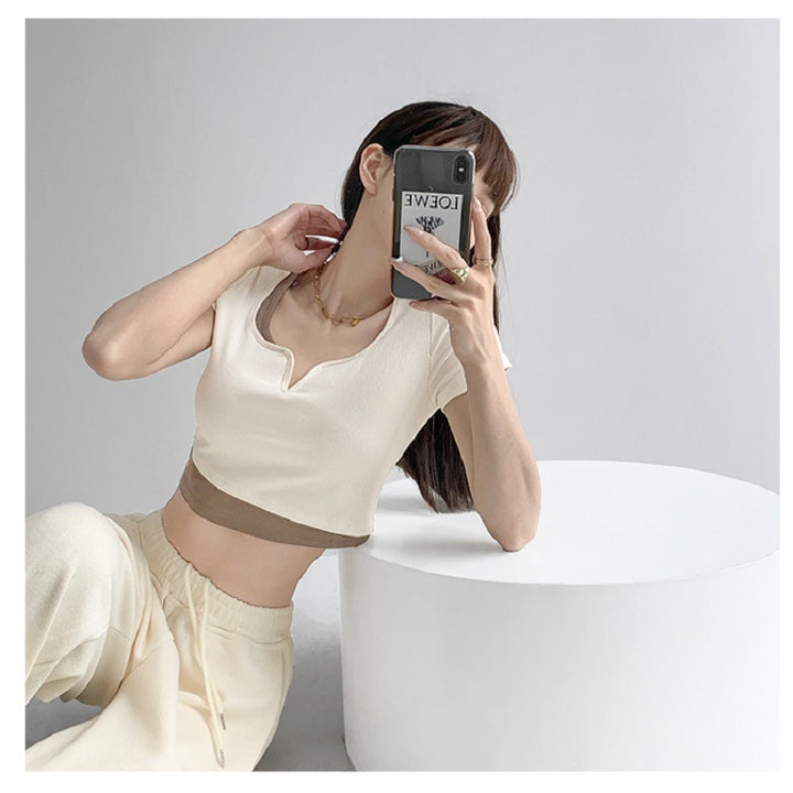 Women's casual cropped top with fashionable V-neck and texture