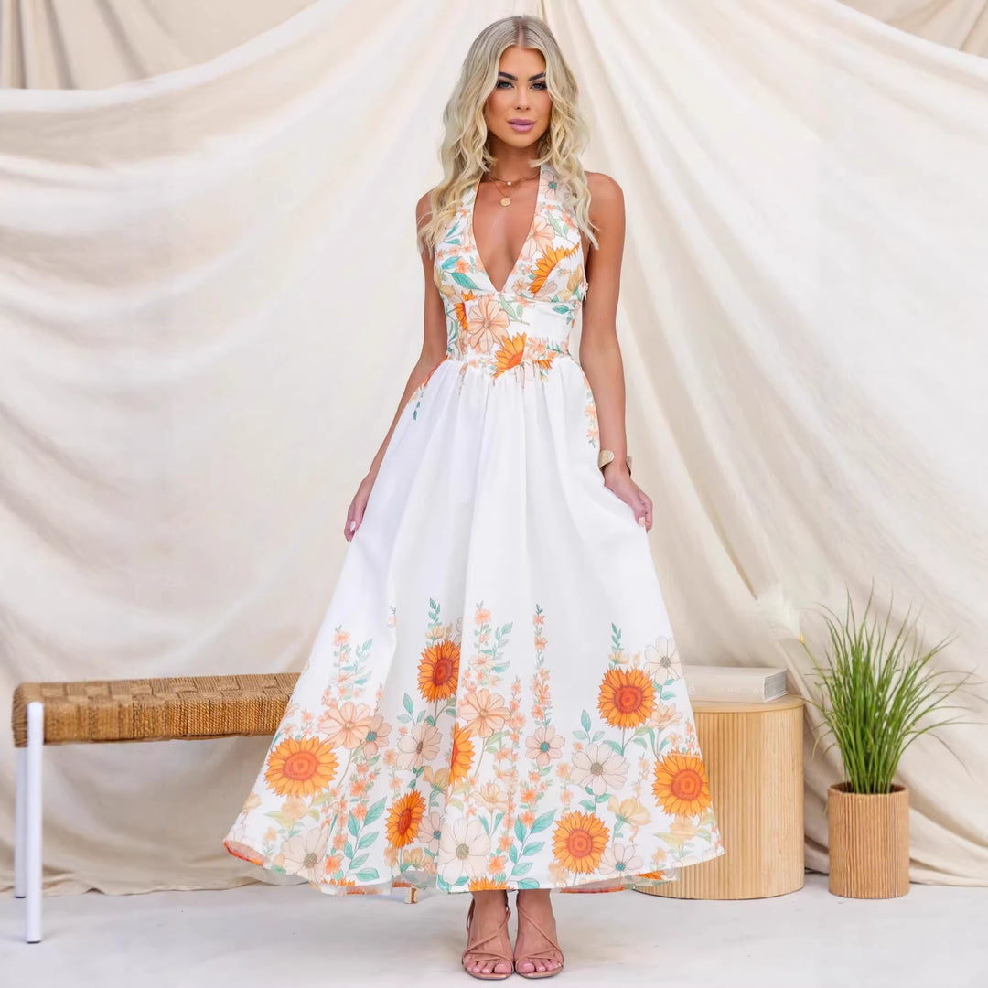 Women's maxi dress with deep V-neck and floral print Lune London