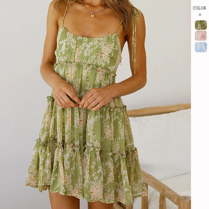 Women's summery ruffle dress with fine floral print and adjustable straps Lisslune