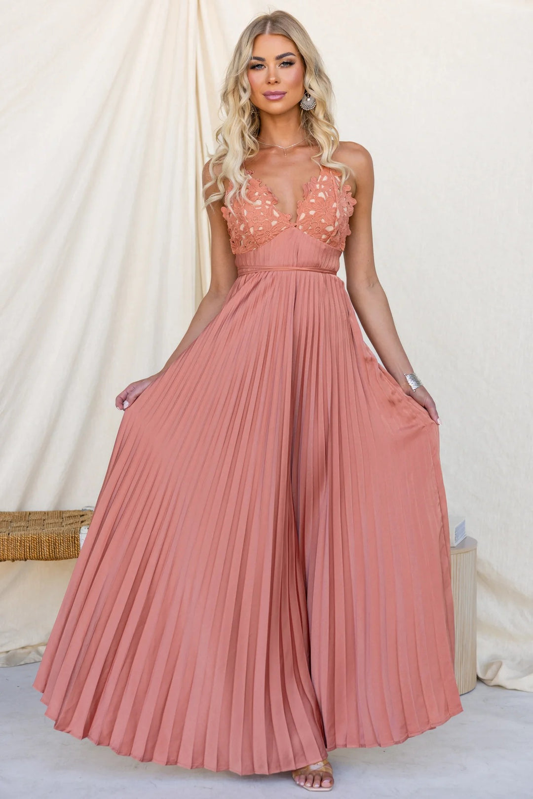 Women's Pleated Maxi Dress with Embellished Straps and Elegant Waist Belt