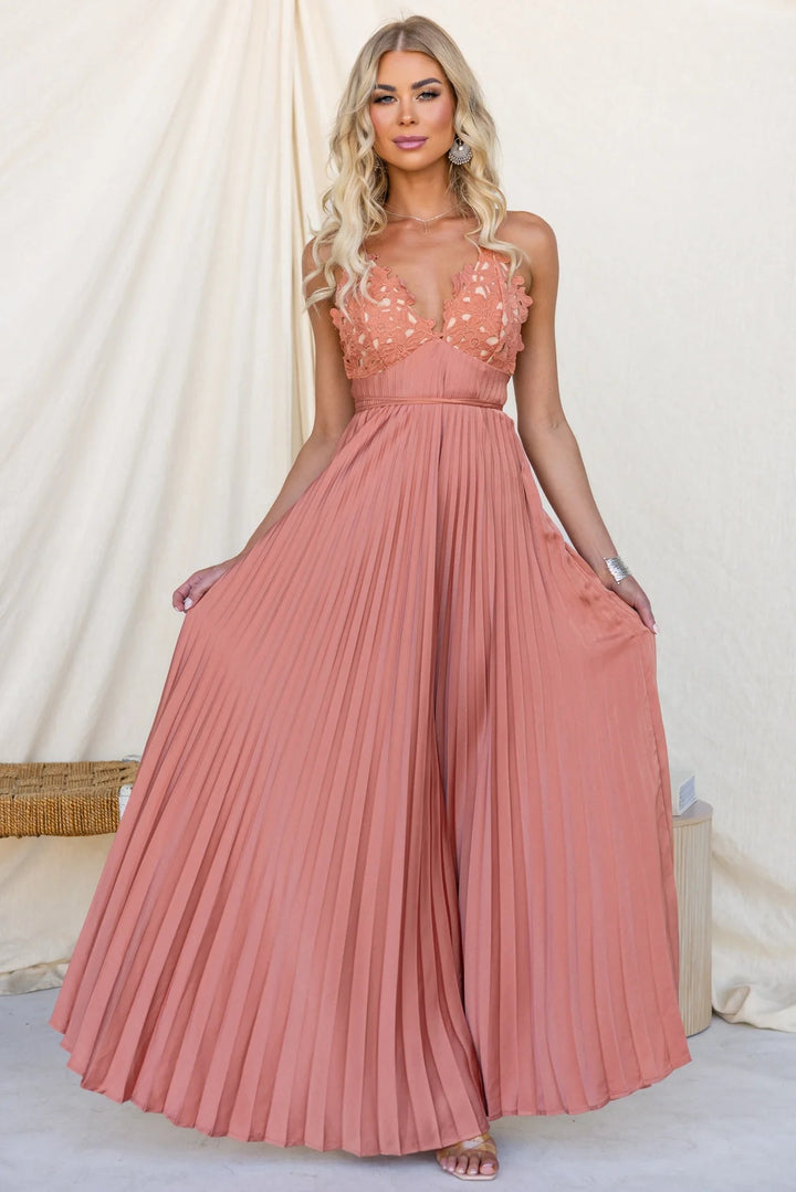 Women's Pleated Maxi Dress with Embellished Straps and Elegant Waist Belt