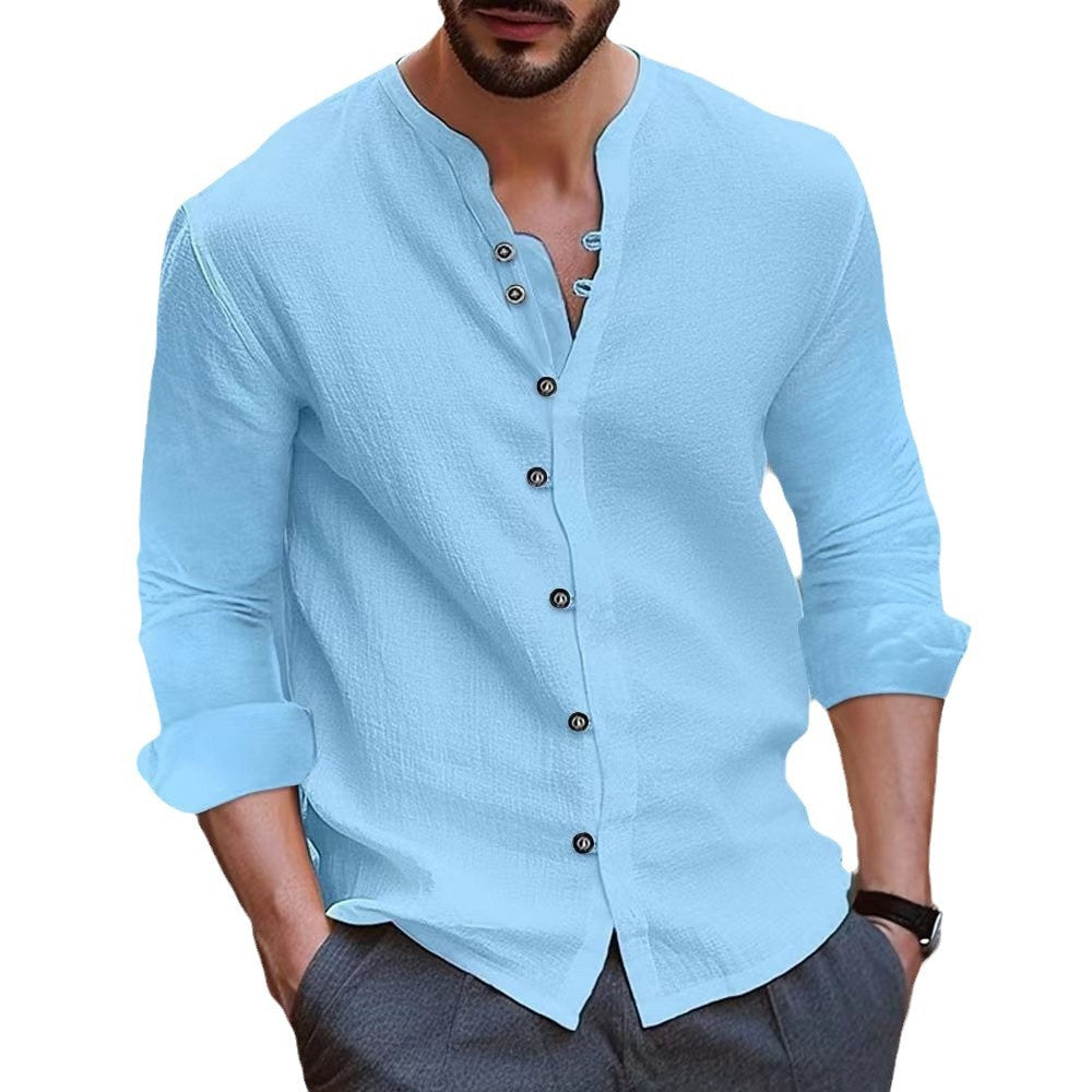Men's linen shirt with button placket and casual stand collar Lisslune