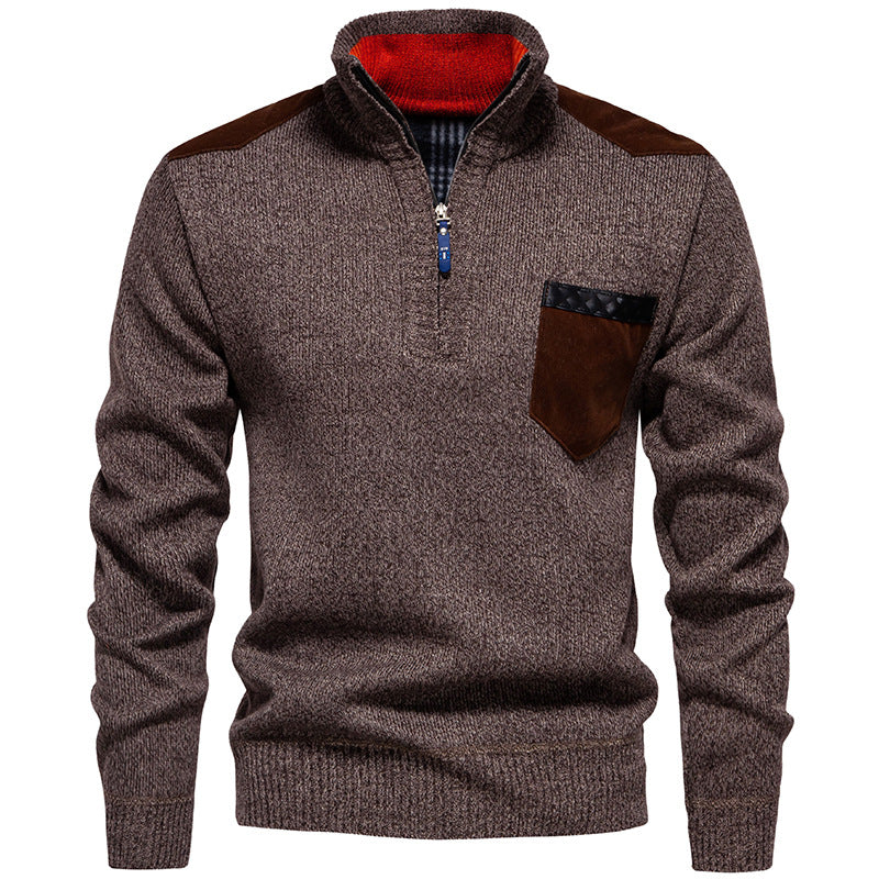 Men's Stand Collar Sweater with Contrasting Details and Practical Pockets Lisslune