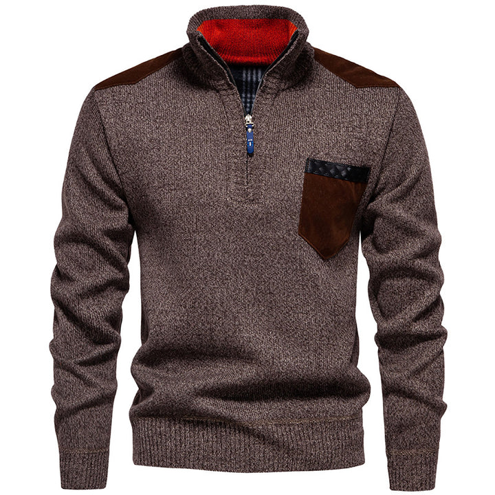 Men's Stand Collar Sweater with Contrasting Details and Practical Pockets Lisslune