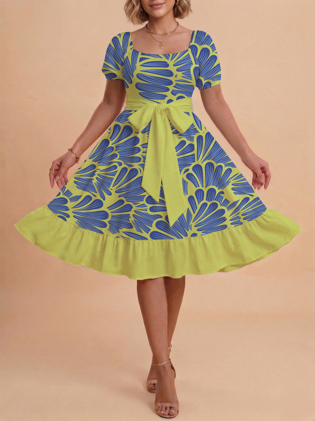 Women A-line dress with floral motifs and adjustable belt Lisslune