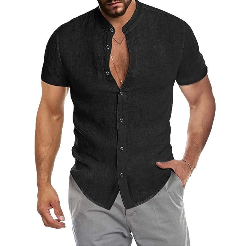 Men's short-sleeve shirt with modern stand-up collar and decorative button details Lisslune