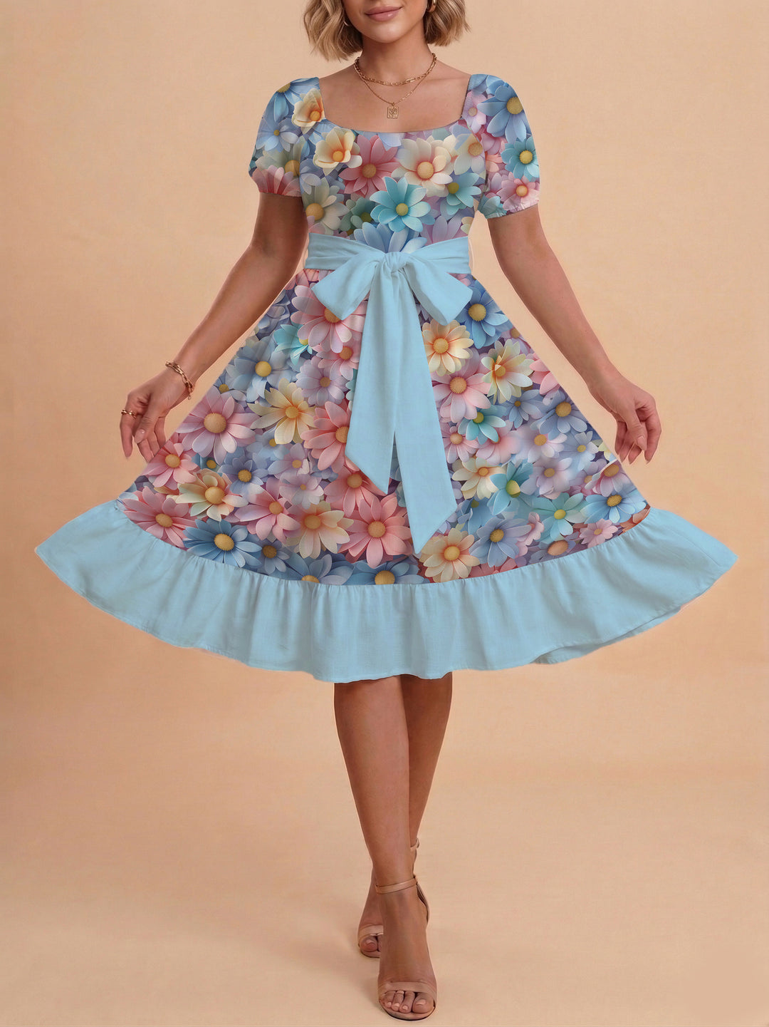 Women's Midi Dress with Elegant Floral Print and Fitted Belt Lisslune