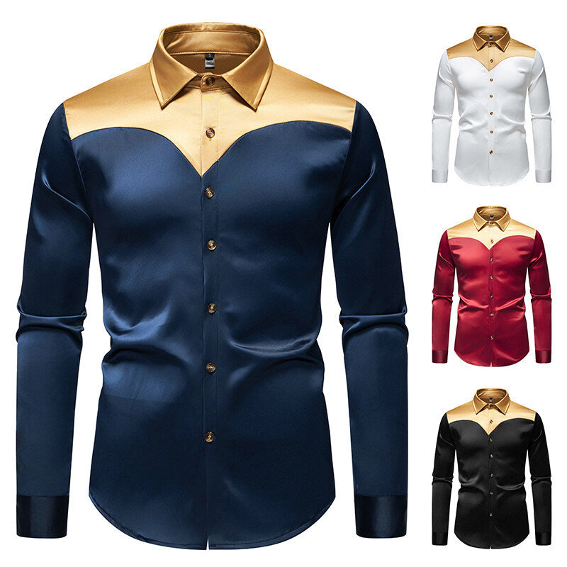 Men's Elegant Shiny Long Sleeve Shirt with Contrasting Collar Lisslune