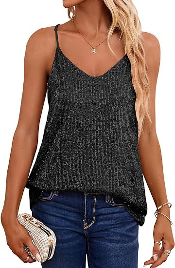 Women's Sparkling Spaghetti Strap Top with V-Neck and Shimmering Details Lisslune