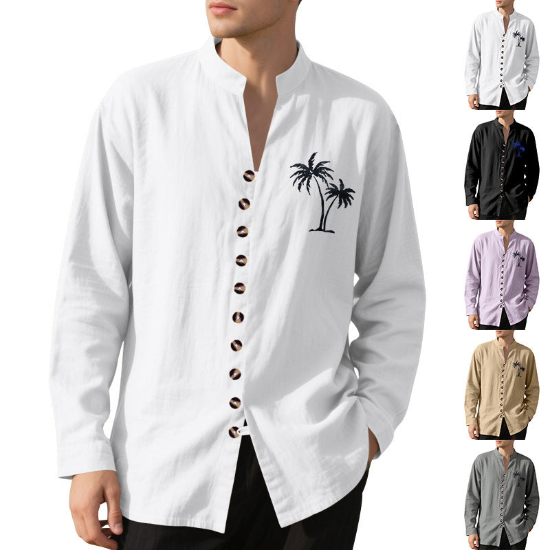 Men's long-sleeve shirt with embroidered palm motif and button placket Lisslune
